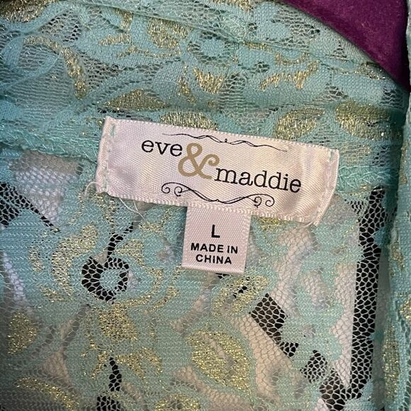 Eve & Maddie Cardigan Sweater Women's Large Turquoise Blue Gold Lace Boho Casual - Picture 10 of 15